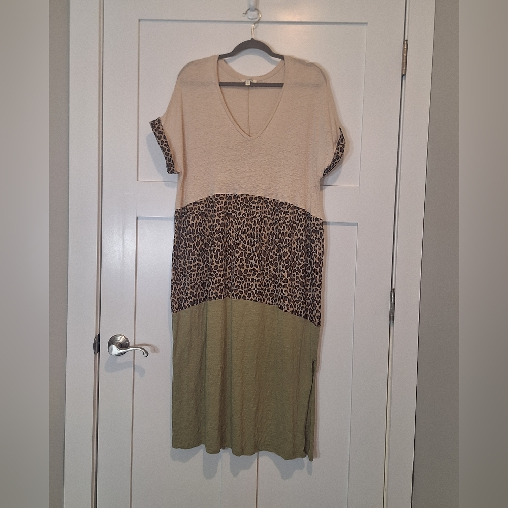 Umgee Linen Viscose Oversized Leopard Midi Dress Green Beige Stretch Size Large